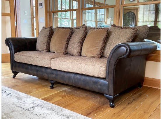 A Leather Sofa With Down Stuffed Tapestry Cushions By Bernhardt