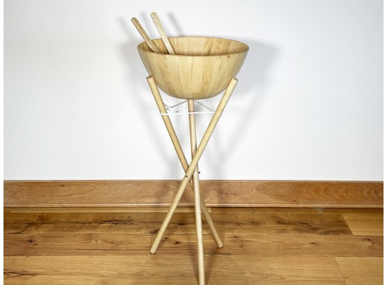A Wood Salad Bowl On Stand