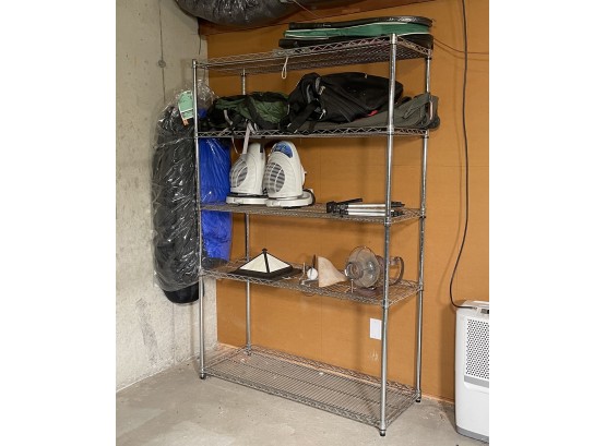 A Metal Shelf And Contents - Includes Light Fixtures, Rackets, Fans, And More!