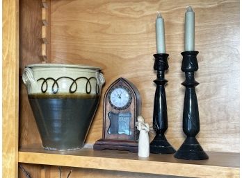 A Ceramic Planter, Candlesticks, A Clock And More
