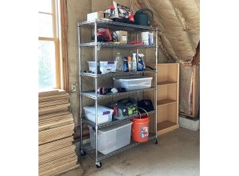 A Rolling Shelf And Contents - Car Charger, Circular Saw And More