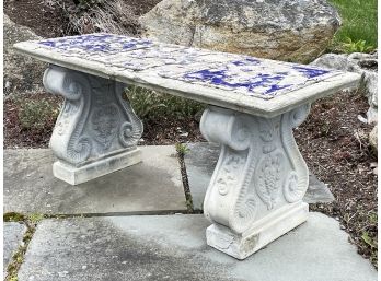 A Beautiful Cast Stone And Mosaic Garden Bench