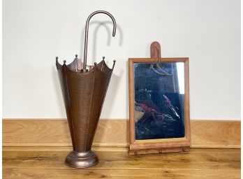 A Vinage Copper Umbrella Stand And Hall Mirror