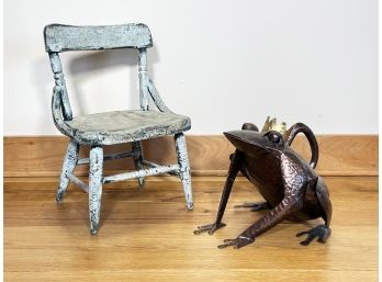 A Hammered Copper Frog Watering Can And Vintage Chair Plant Stand