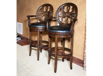 A Pair Of Luxurious Hardwood, Leather Seated Bar Stools