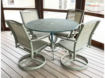 A Set Of 4 Martha Stewart Outdoor Resin Chairs And Vintage Woodard Wrought Iron Table