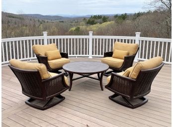 A Set Of Castello Patio Rockers And Coffee Table With Sunbrella Cushions
