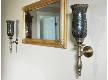 A Pair Of Mosaic Art Glass And Brass Candle Sconces