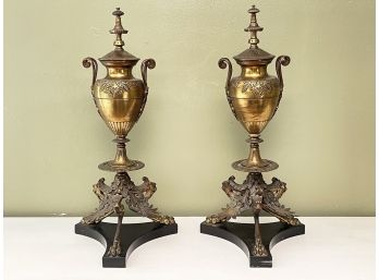 A Pair Of Late 19th Century Neoclassical Urns On Marble Bases
