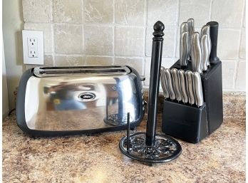 A Kitchen Assortment - Toaster, Knives, Paper Towel Holder