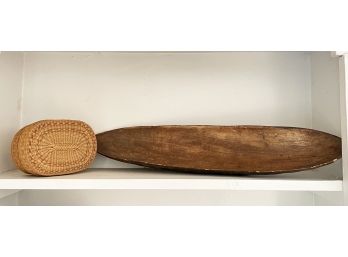 A Vintage Wood Serving Platter And Woven Basket