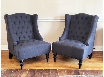 A Pair Of Modern Tufted Armchairs In Slate Linen