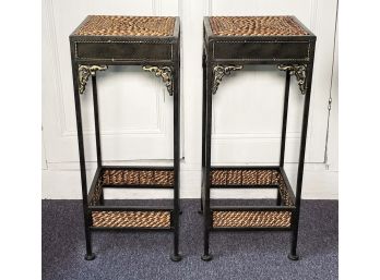 A Pair Of Wrought Iron And Woven Fiber Cocktail Tables Or Pedestals By Pier 1 Imports