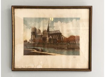 A Vintage Hand Colored Etching - Notre Dame Cathedral