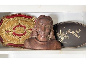 An Antique Carved Wood Bust And Two Vintage Trays
