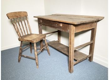 A Late 18th-early 19th Century Primitive American Pine Desk And Turned Spindle Chair