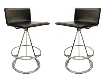 A Pair Of Vintage Mid Century Chrome And Leather Bar Stools By Fratelli Saporitti