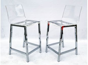 A Pair Of Modern Lucite And Chrome Bar Stools