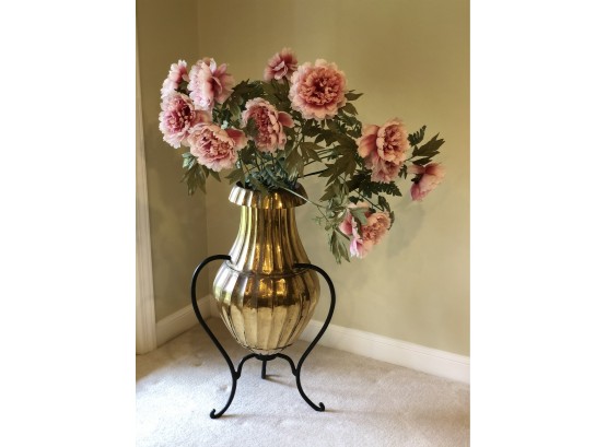 Faux Peonies In Large Brass Footed Urn - HUGE