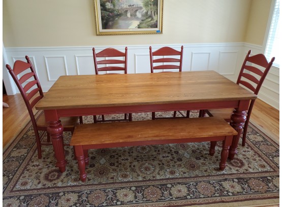 Very High Quality Solid Wood Farmhouse Table With Bench Sest & 4 Ladder Back Chairs