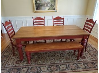 Very High Quality Solid Wood Farmhouse Table With Bench Sest & 4 Ladder Back Chairs