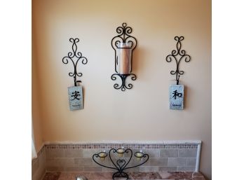 Four Iron Base Candle Holders And Hook Set