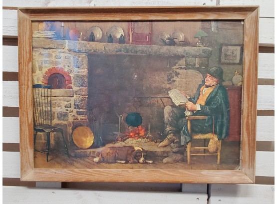 Vintage Framed Reproduction Wall Art - Man Reading Paper With Dog Next To Fireplace By Artist H Lippincott