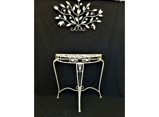 Vintage Wrought Iron Half Moon Table  & Floral Wall Sculpture
