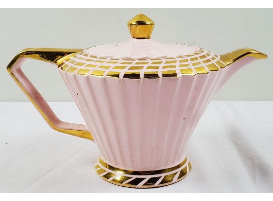 Vintage Mid Century Sadler Art Deco Porcelain Teapot Pink Full Size Gold Gilt Trim - Made In England