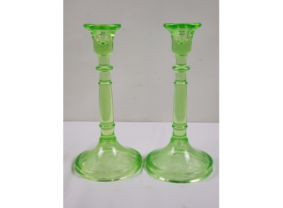 Fantastic Pair Of Green Depression Glass Tall Taper Candlestick Holders