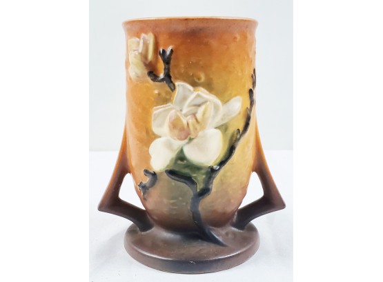 Vintage Roseville Double Handled Magnolia Brown & Pink Flower Vase