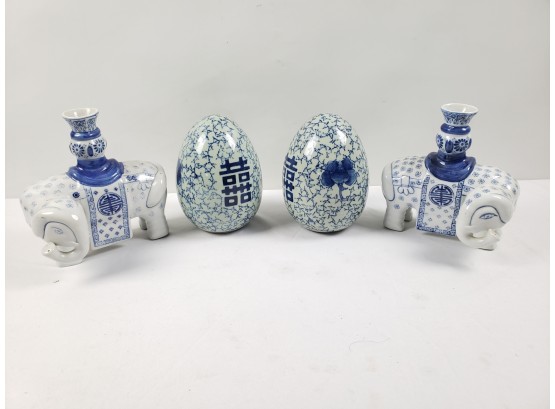Vintage Asian Cobalt Blue & White Home Decor Elephant Candle Holders And Egg Figurines
