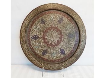 Large Vintage India Brass Enamel Painted Etched Floral Tray