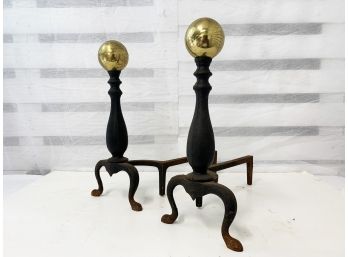 Two Antique Cast Iron & Brass Fireplace Andirons