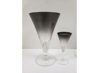 Two Vintage Mid Century Black To Clear Ombre Wine & Shot Glass