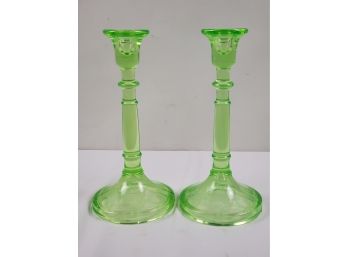 Fantastic Pair Of Green Depression Glass Tall Taper Candlestick Holders