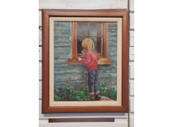 Vintage Framed & Fabric Matted Signed Will Sherman Painting - Little Boy Peering In Window