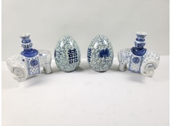 Vintage Asian Cobalt Blue & White Home Decor Elephant Candle Holders And Egg Figurines