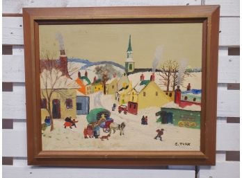 Pretty Vintage Winter Village Scene Oil Painting -professionally Framed