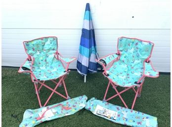 Two Child's Outdoor Folding Chairs And Umbrella