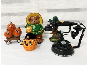 Four Ceramic Halloween Figurines & Novelty Rotary Skull Phone
