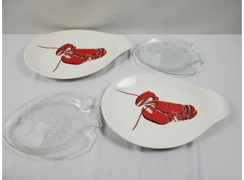 Two Vintage Eastern China USA Tabbed Lobster & Two Glass Embossed Seafood Plates