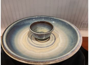 Large Pottery Plater With Dipping Bowl