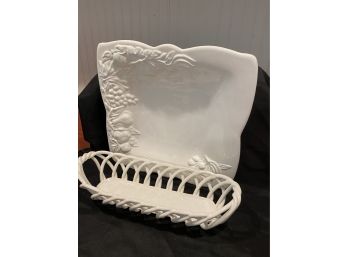 Vietri Made In Italy White Ceramic  Plater And Bread Basket.