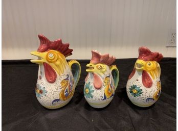 Three Ceramic Roosters Water Pitchers 'DE RUTA'  Made In Italy