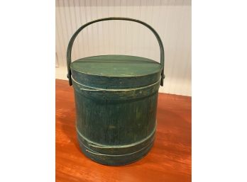 A Vintage  Wooden Firkin Primitive Shaker Sugar Bucket With Lid