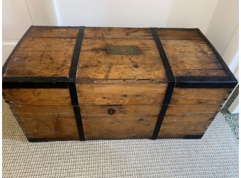 Original  Antique  Dome Wooden Trunk With Shipping  Brass Plaque Metal Handle