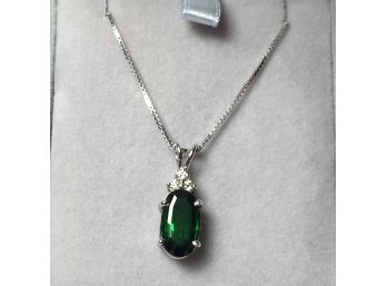 Stunning Vintage Emerald / Diamond Pendant In 14k White Gold On 16' White Gold Box Chain Necklace - LOVELY !