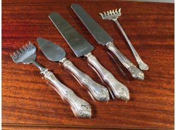 Four Vintage Serving Pierces With Sterling Silver Handles - One Sardine Server - All Sterling Silver