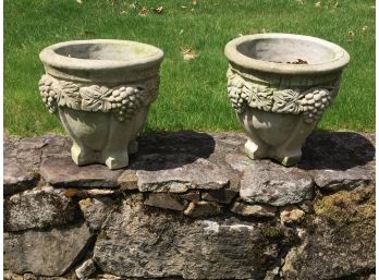 Fantastic Vintage Style Pair Of Large Cement Pots - Beautiful Leaves & Grapes Design - Nice Pair